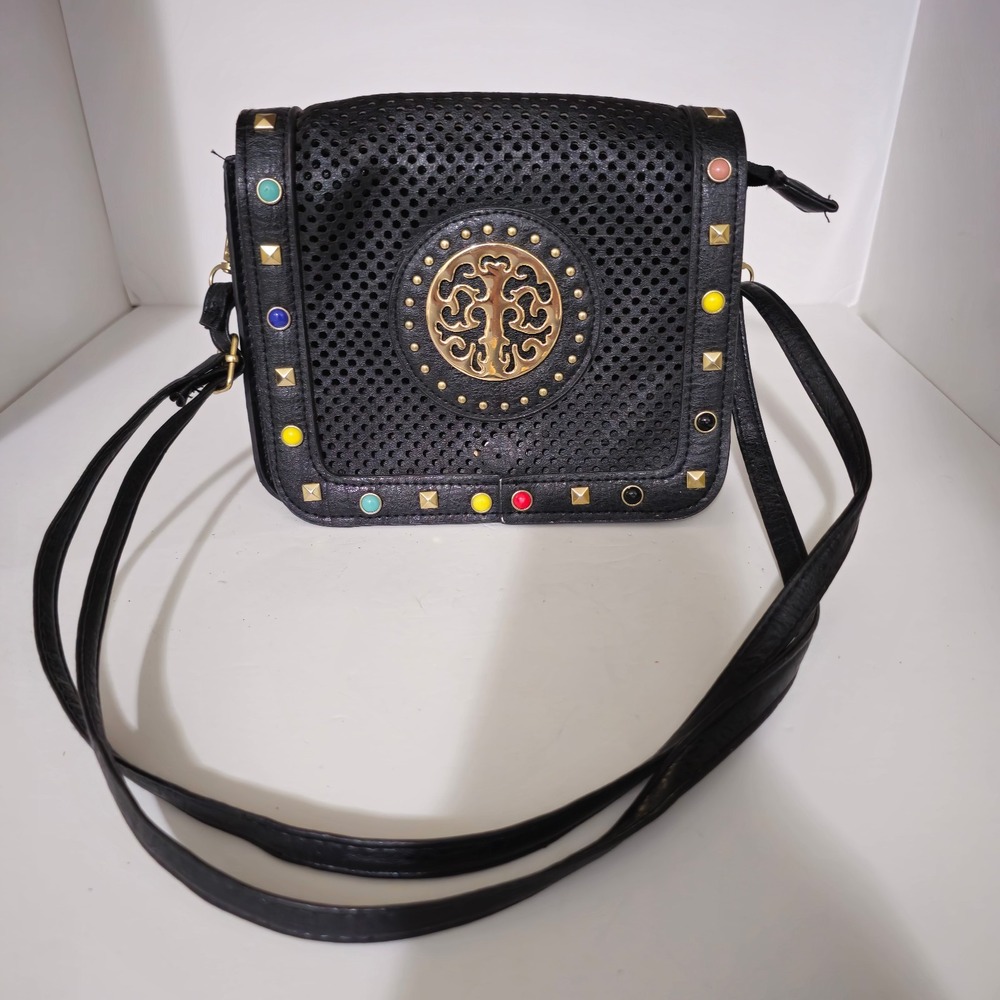 Crossbody Bag Studded Perforated Tree of Life Boho Faux Leather Medallion Black